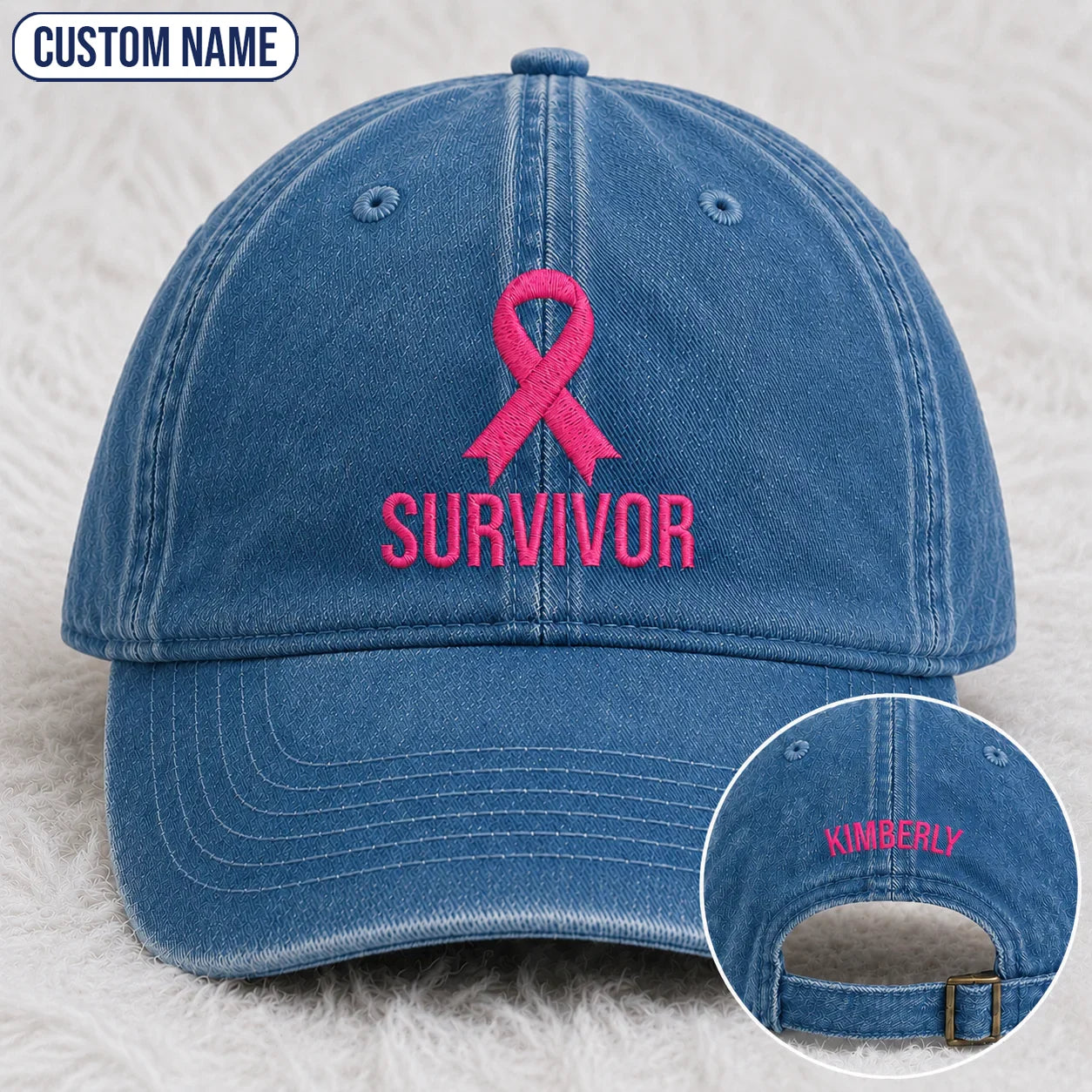 Personalized Survivor Pink Ribbon Embroidered Washed Cap, Awareness Gift