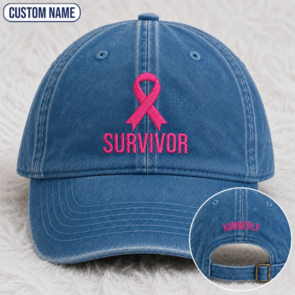 Personalized Survivor Pink Ribbon Embroidered Washed Cap, Awareness Gift
