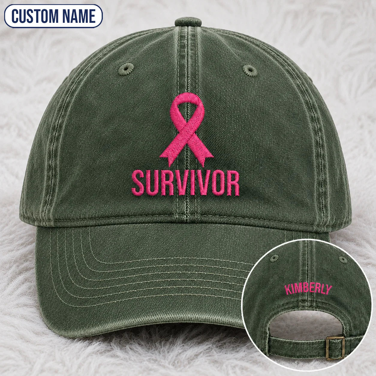Personalized Survivor Pink Ribbon Embroidered Washed Cap, Awareness Gift