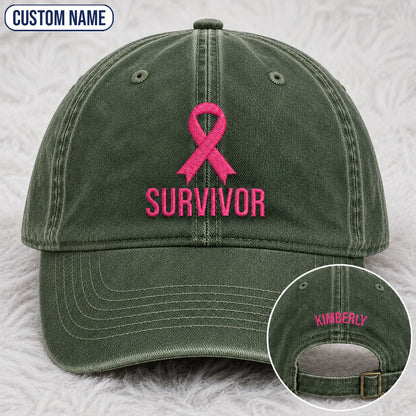 Personalized Survivor Pink Ribbon Embroidered Washed Cap, Awareness Gift