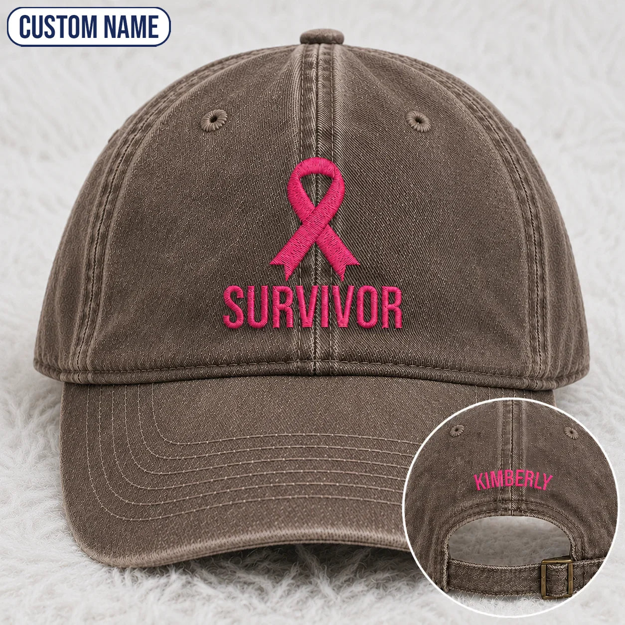 Personalized Survivor Pink Ribbon Embroidered Washed Cap, Awareness Gift