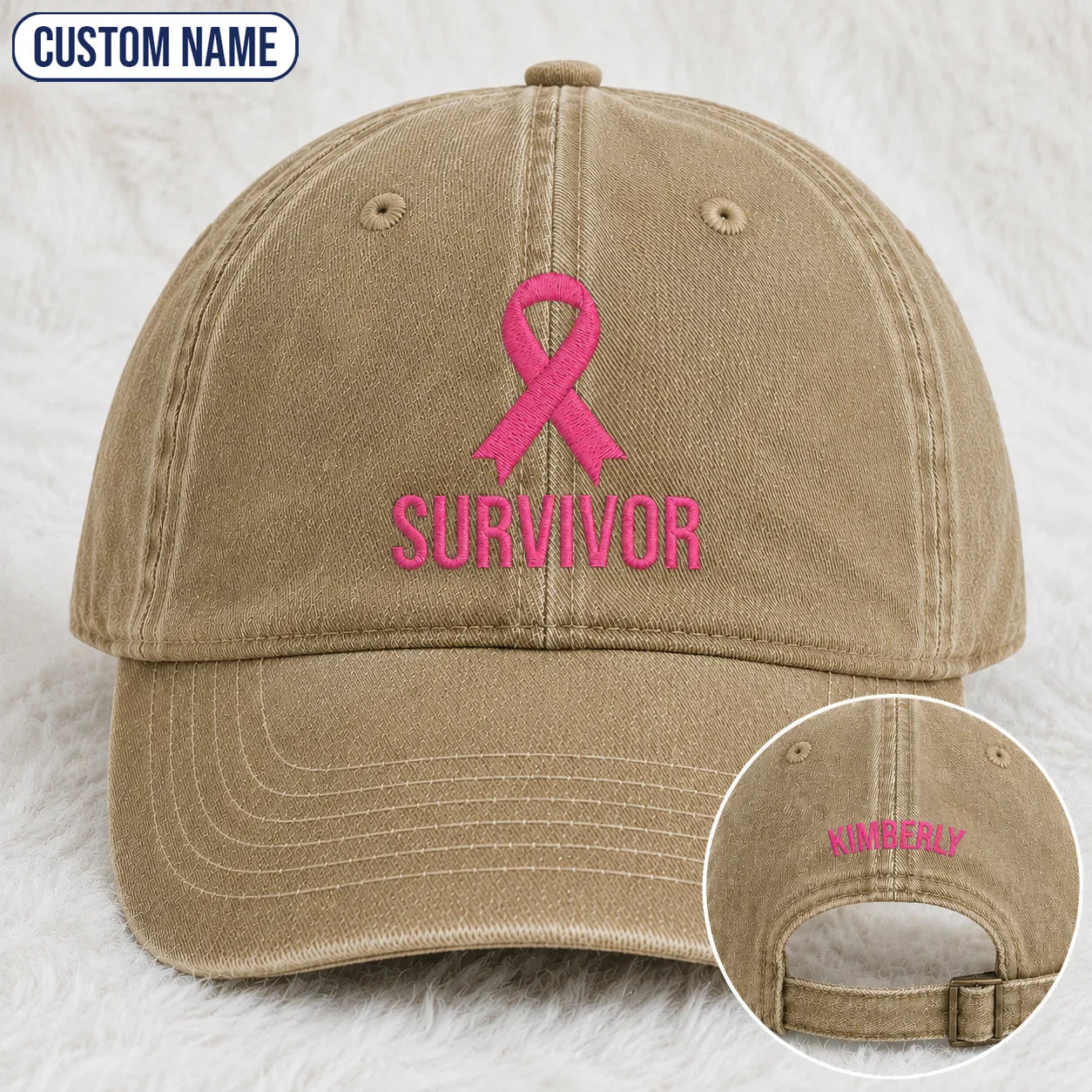 Personalized Survivor Pink Ribbon Embroidered Washed Cap, Awareness Gift