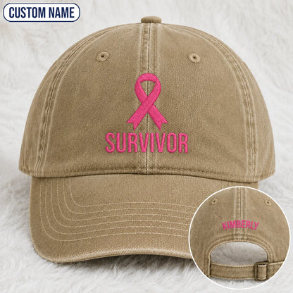 Personalized Survivor Pink Ribbon Embroidered Washed Cap, Awareness Gift