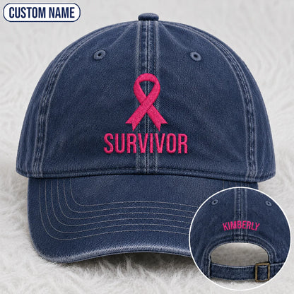 Personalized Survivor Pink Ribbon Embroidered Washed Cap, Awareness Gift