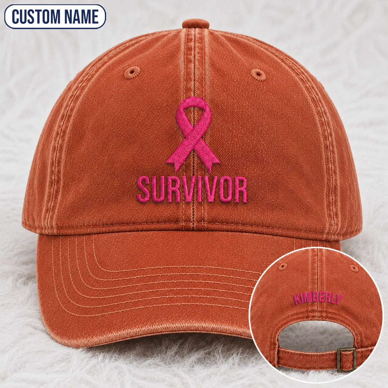 Personalized Survivor Pink Ribbon Embroidered Washed Cap, Awareness Gift