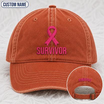 Personalized Survivor Pink Ribbon Embroidered Washed Cap, Awareness Gift