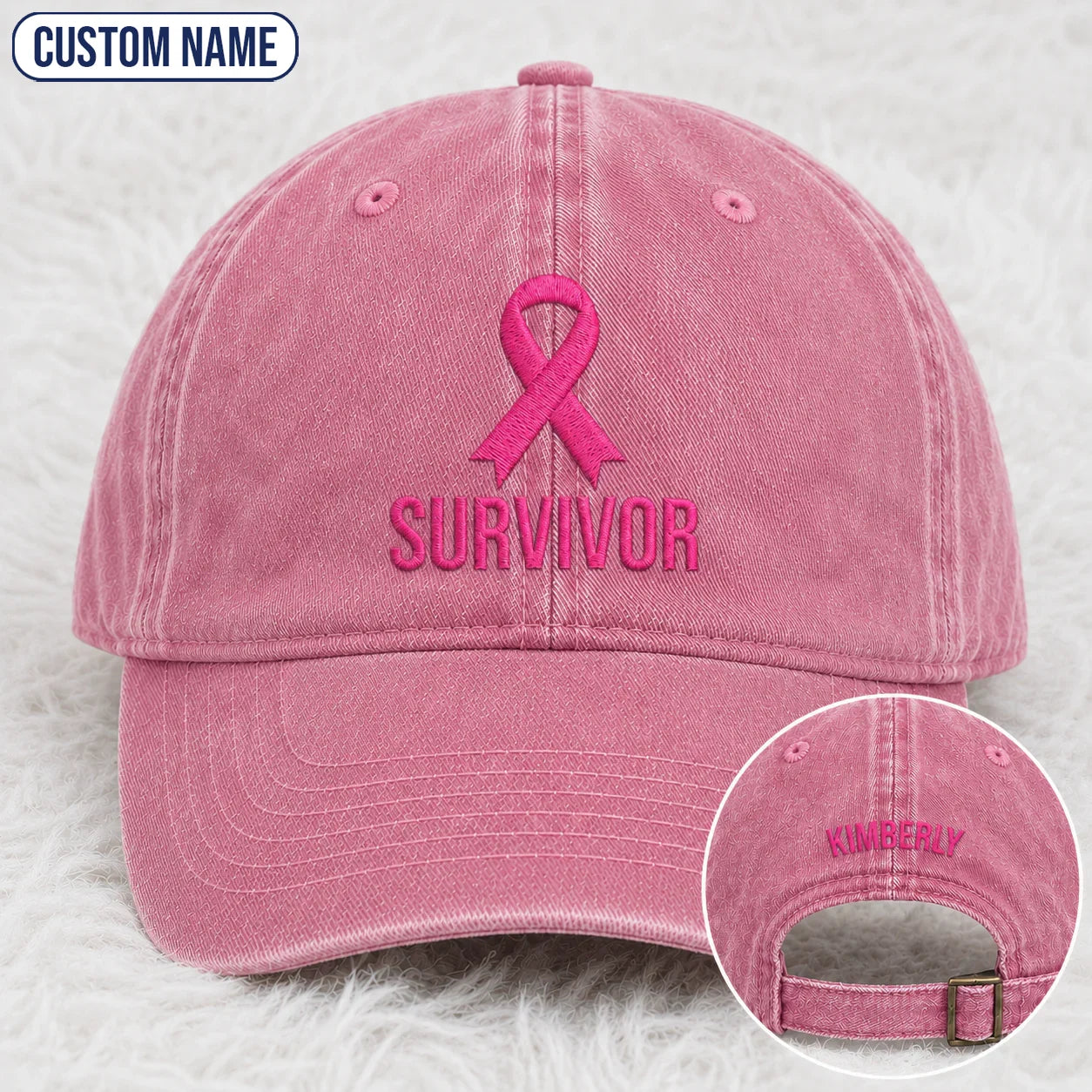 Personalized Survivor Pink Ribbon Embroidered Washed Cap, Awareness Gift