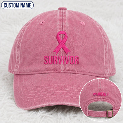 Personalized Survivor Pink Ribbon Embroidered Washed Cap, Awareness Gift