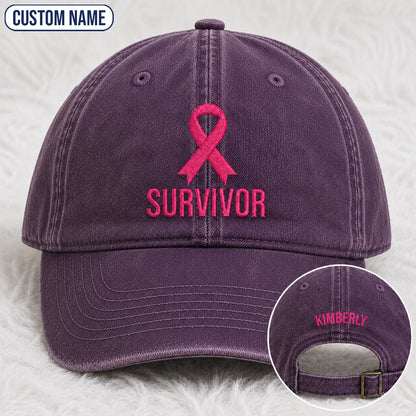 Personalized Survivor Pink Ribbon Embroidered Washed Cap, Awareness Gift