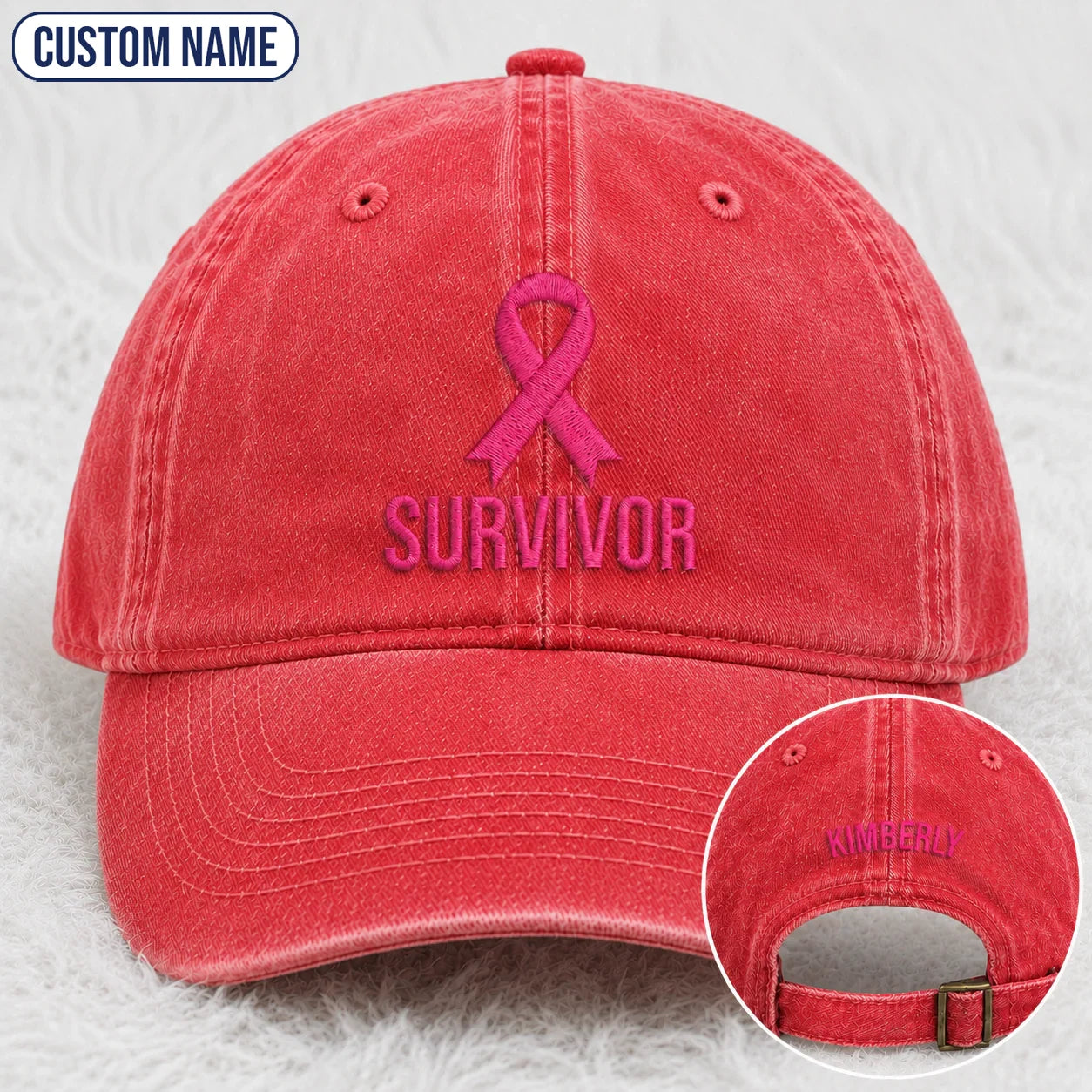 Personalized Survivor Pink Ribbon Embroidered Washed Cap, Awareness Gift