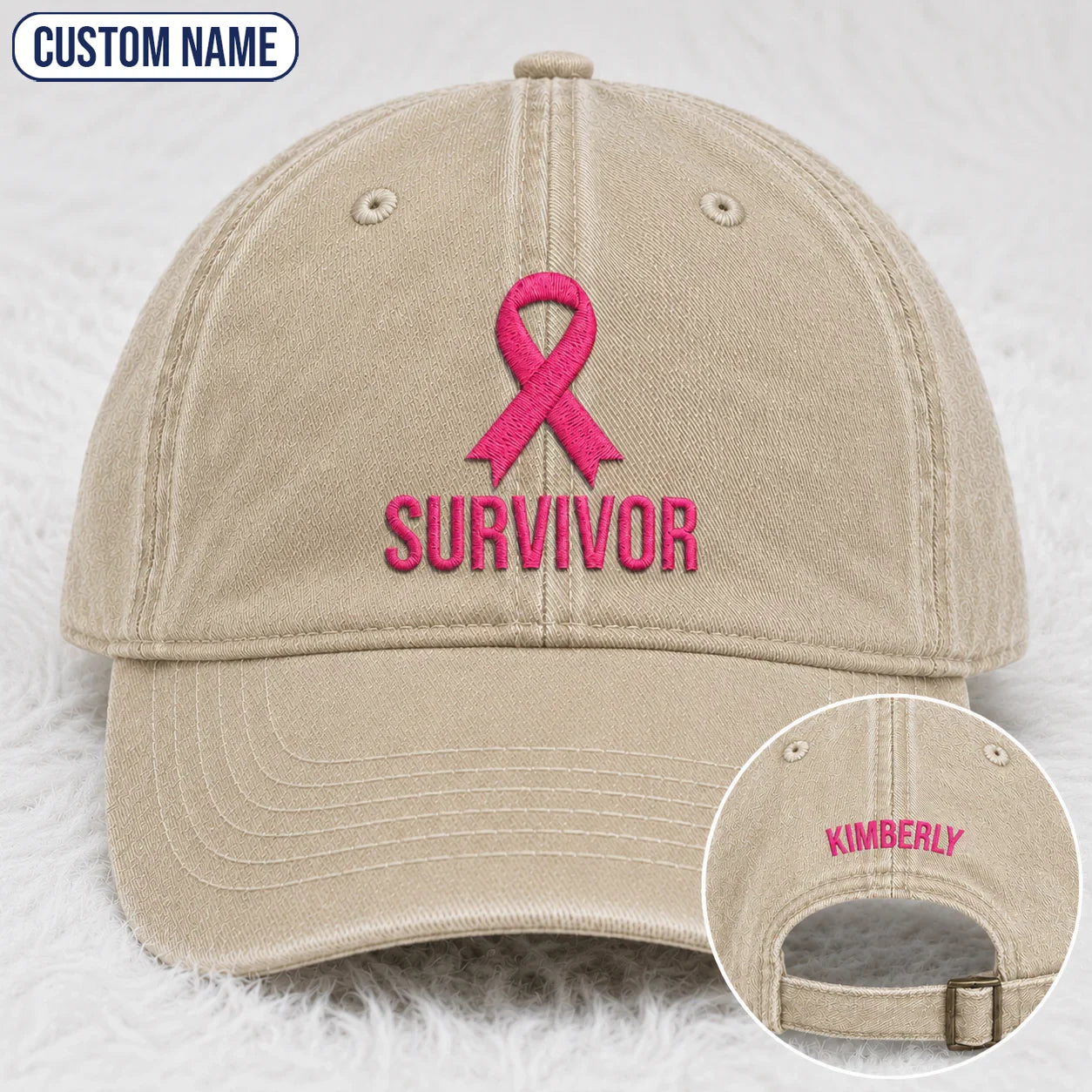 Personalized Survivor Pink Ribbon Embroidered Washed Cap, Awareness Gift