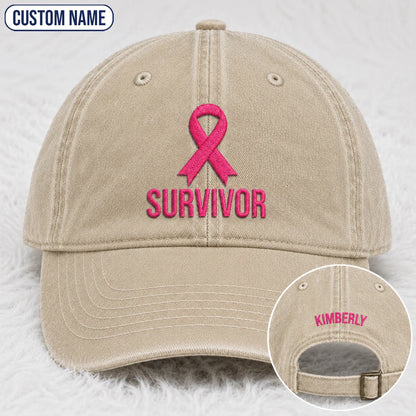 Personalized Survivor Pink Ribbon Embroidered Washed Cap, Awareness Gift