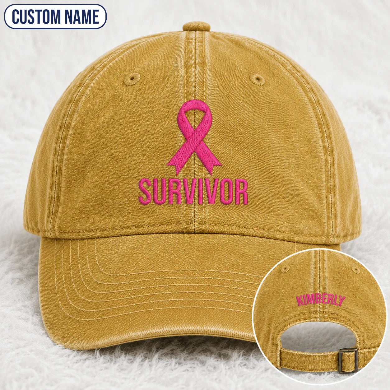 Personalized Survivor Pink Ribbon Embroidered Washed Cap, Awareness Gift