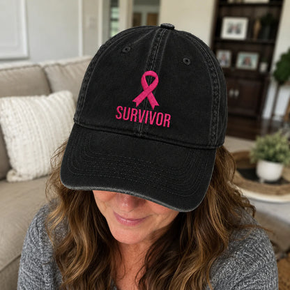 Personalized Survivor Pink Ribbon Embroidered Washed Cap, Awareness Gift