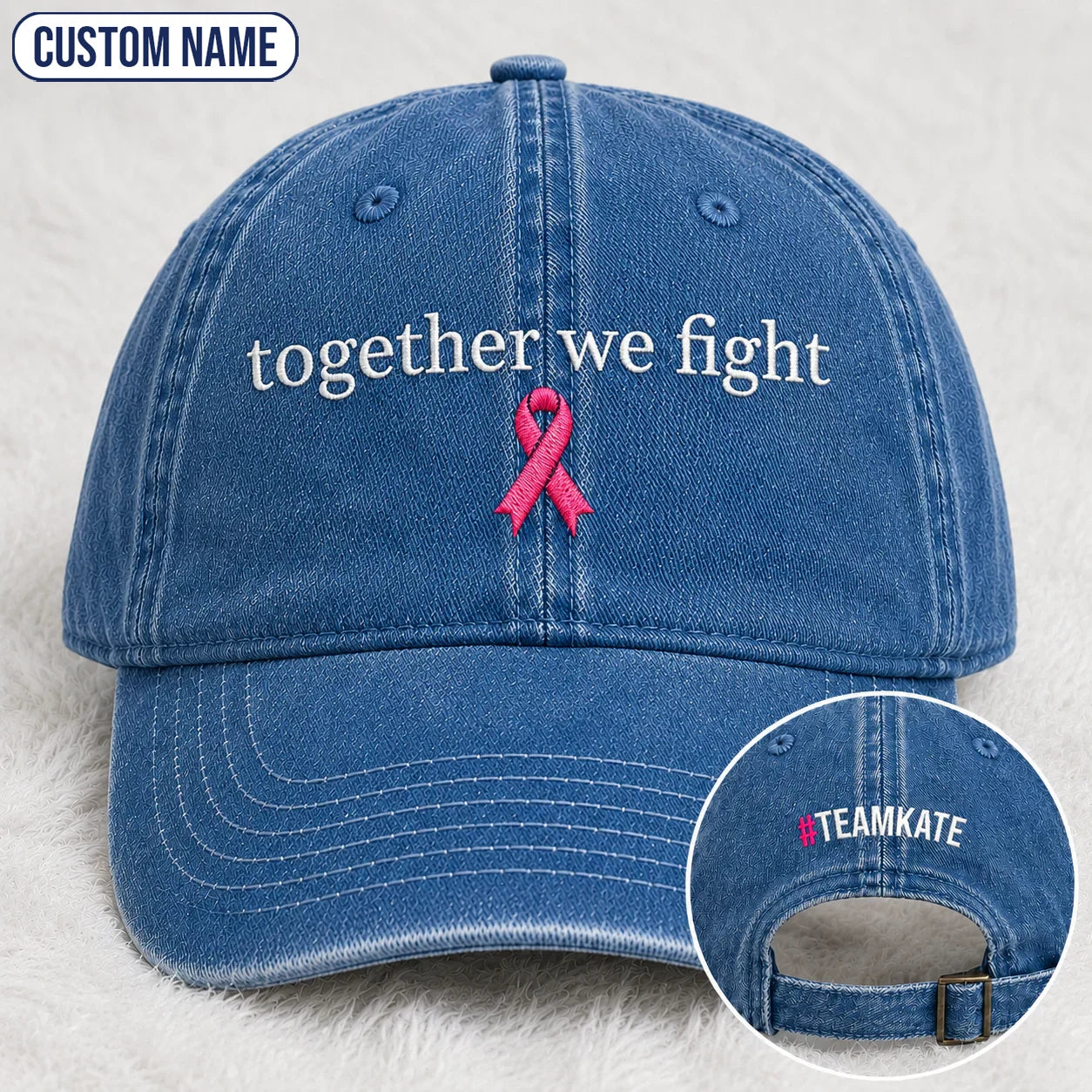 Personalized Together We Fight Pink Ribbon Embroidered Washed Cap, Awareness Gift