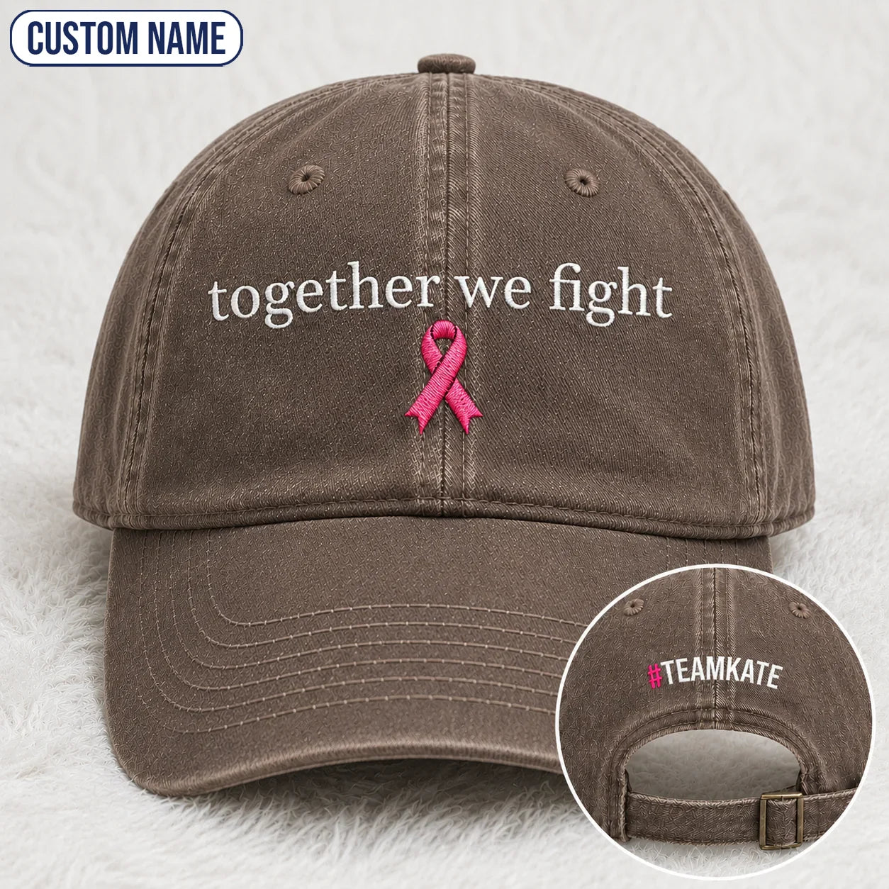 Personalized Together We Fight Pink Ribbon Embroidered Washed Cap, Awareness Gift
