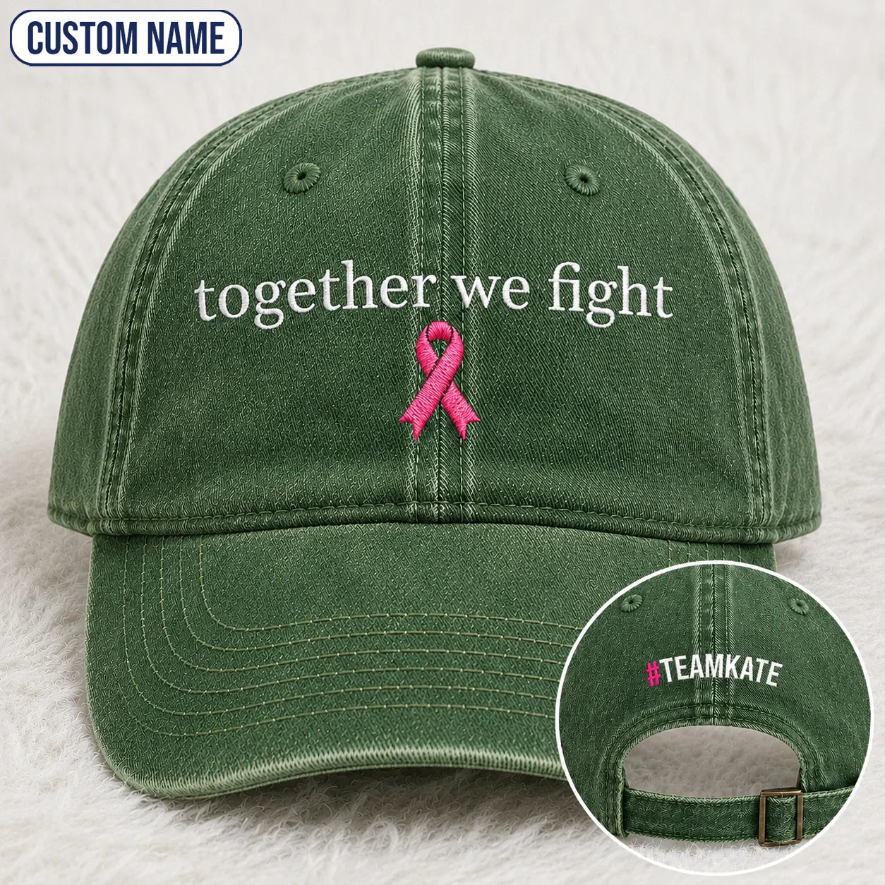 Personalized Together We Fight Pink Ribbon Embroidered Washed Cap, Awareness Gift