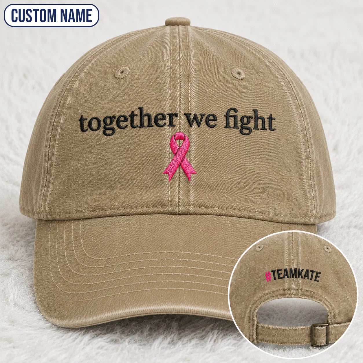 Personalized Together We Fight Pink Ribbon Embroidered Washed Cap, Awareness Gift