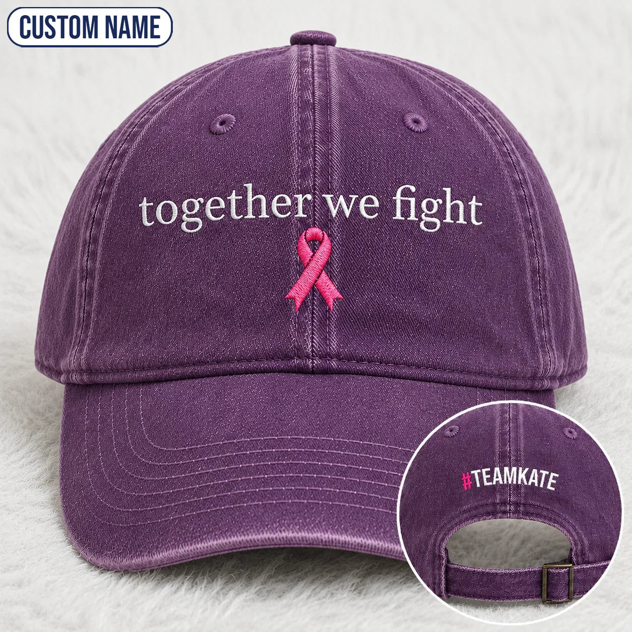 Personalized Together We Fight Pink Ribbon Embroidered Washed Cap, Awareness Gift