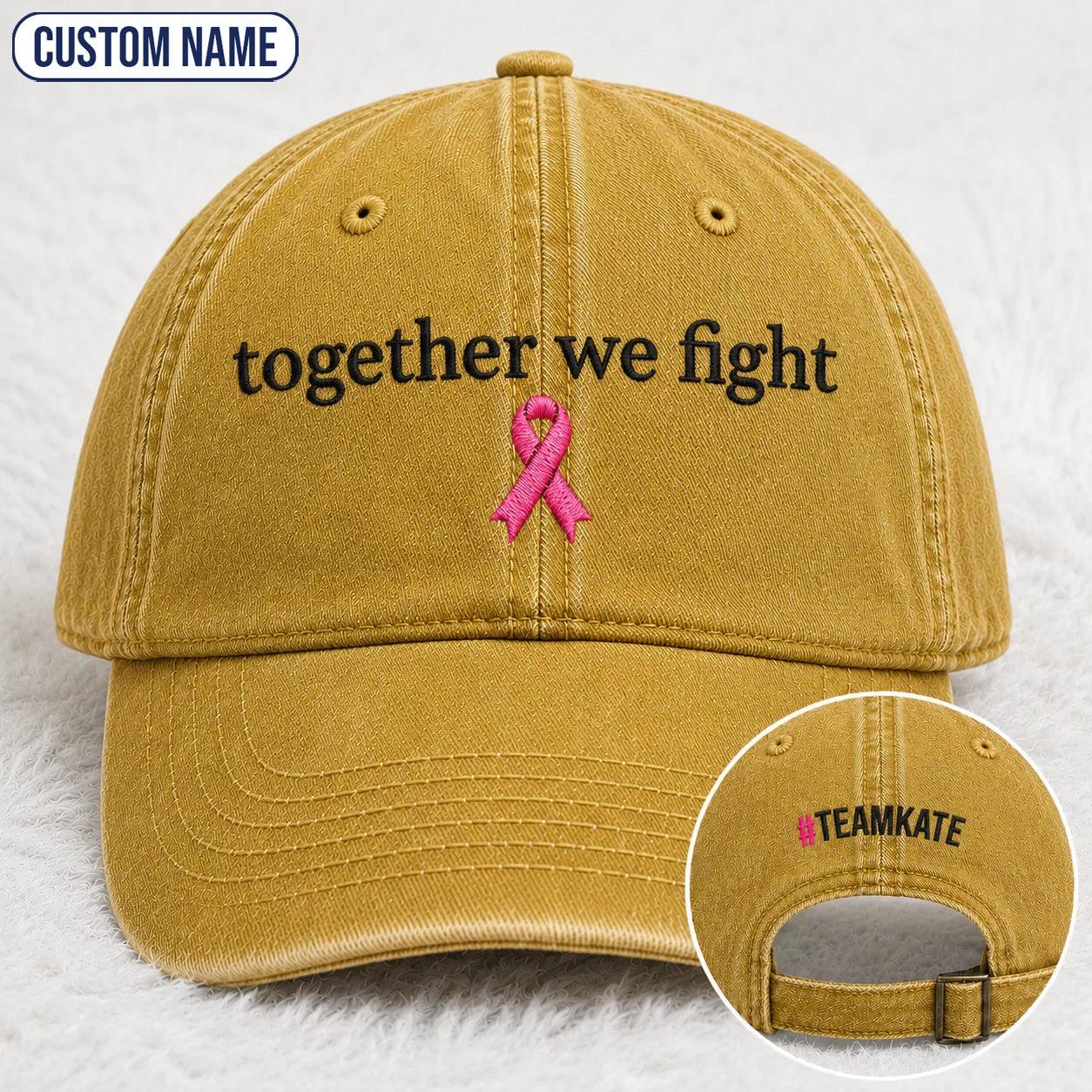 Personalized Together We Fight Pink Ribbon Embroidered Washed Cap, Awareness Gift