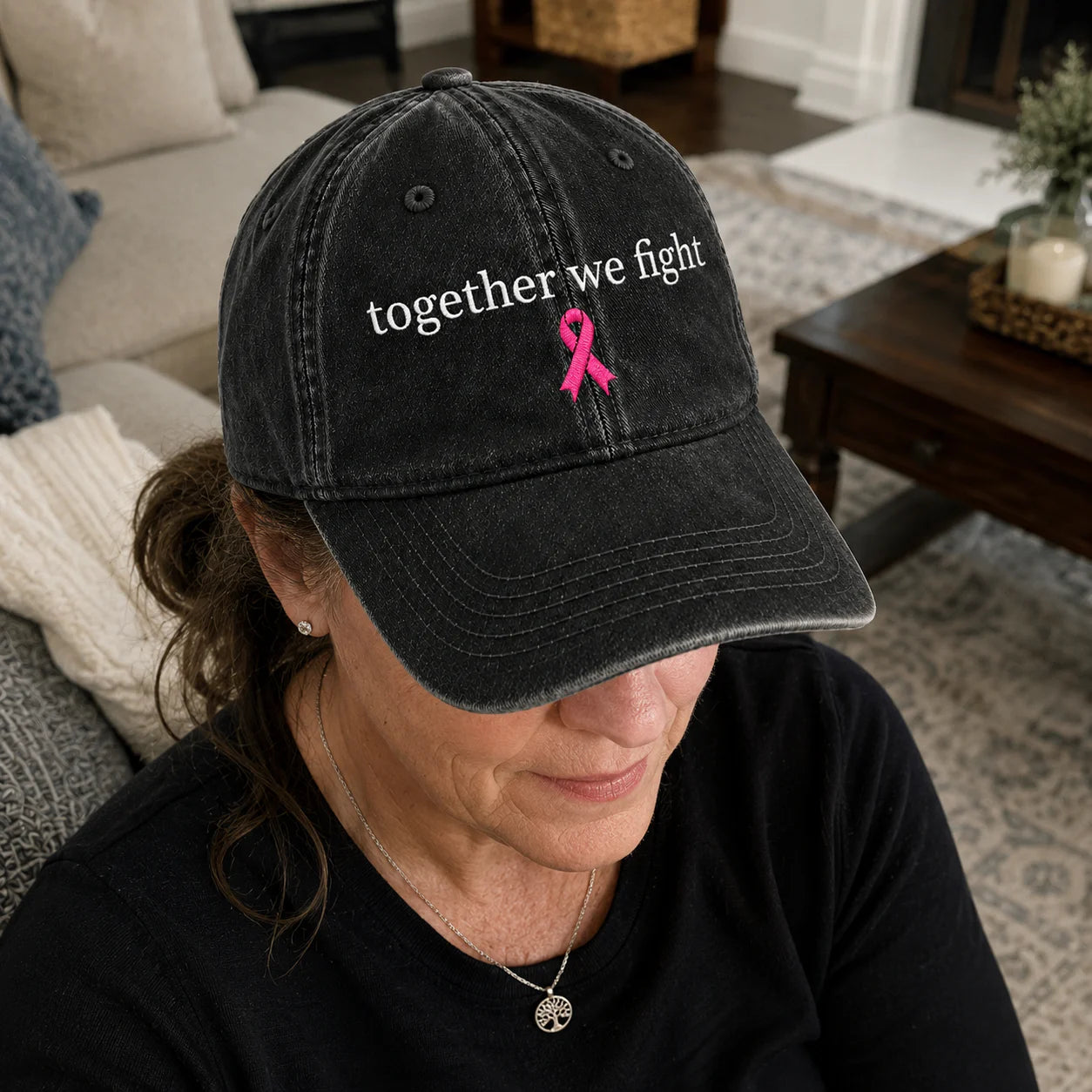 Personalized Together We Fight Pink Ribbon Embroidered Washed Cap, Awareness Gift