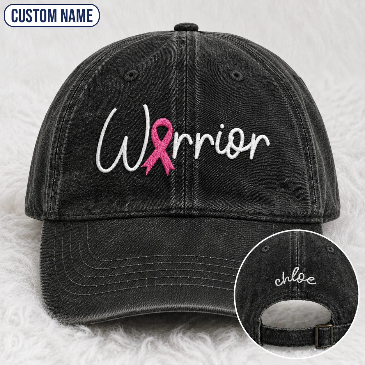 Personalized Warrior Pink Ribbon Embroidered Washed Cap, Awareness Gift