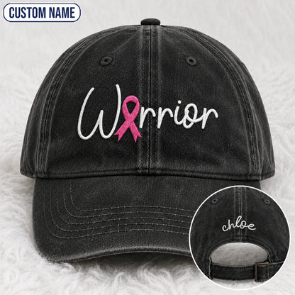 Personalized Warrior Pink Ribbon Embroidered Washed Cap, Awareness Gift