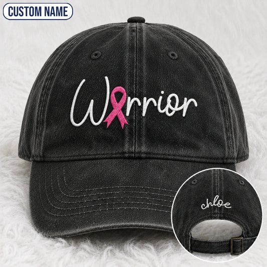 Personalized Warrior Pink Ribbon Embroidered Washed Cap, Awareness Gift