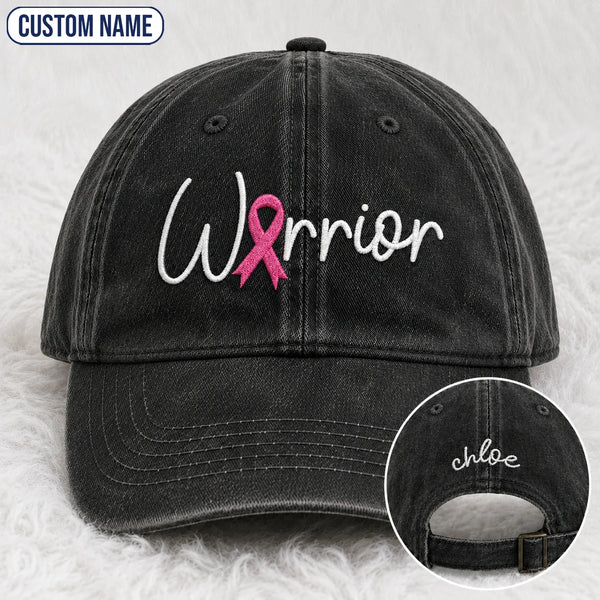 Personalized Warrior Pink Ribbon Embroidered Washed Cap, Awareness Gift