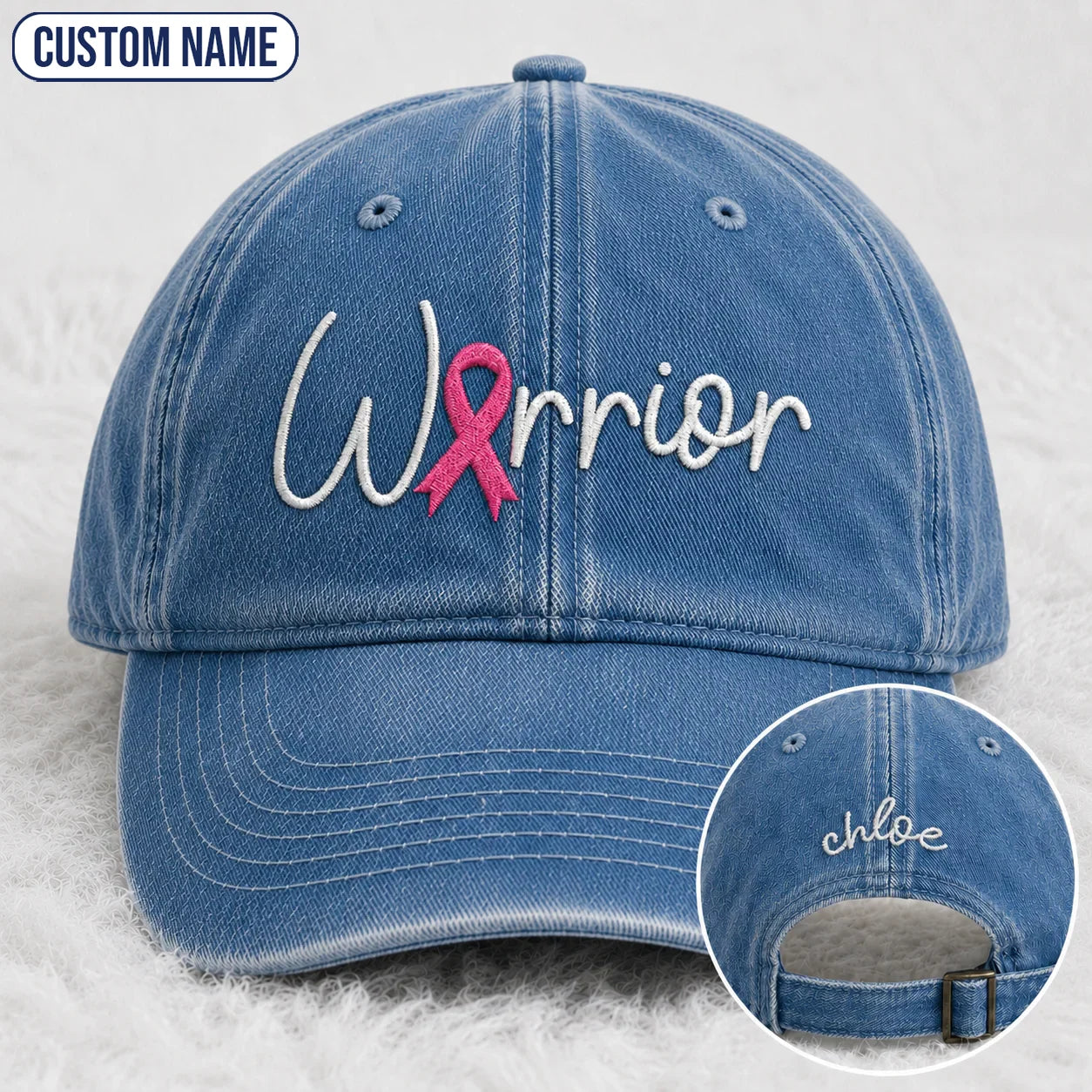 Personalized Warrior Pink Ribbon Embroidered Washed Cap, Awareness Gift