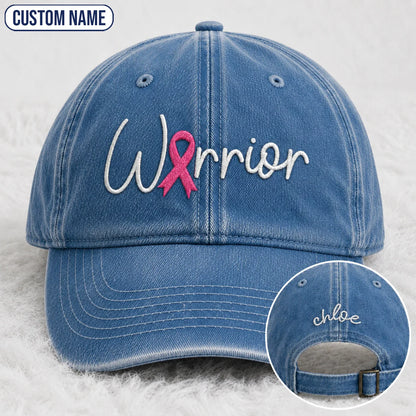 Personalized Warrior Pink Ribbon Embroidered Washed Cap, Awareness Gift