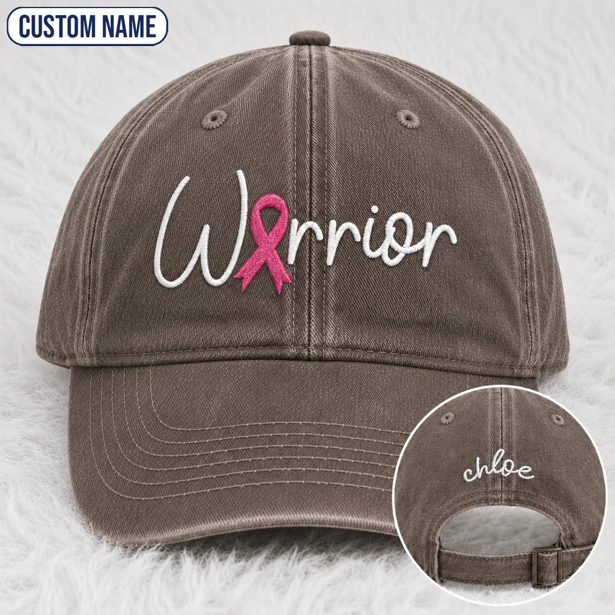 Personalized Warrior Pink Ribbon Embroidered Washed Cap, Awareness Gift
