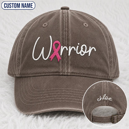 Personalized Warrior Pink Ribbon Embroidered Washed Cap, Awareness Gift