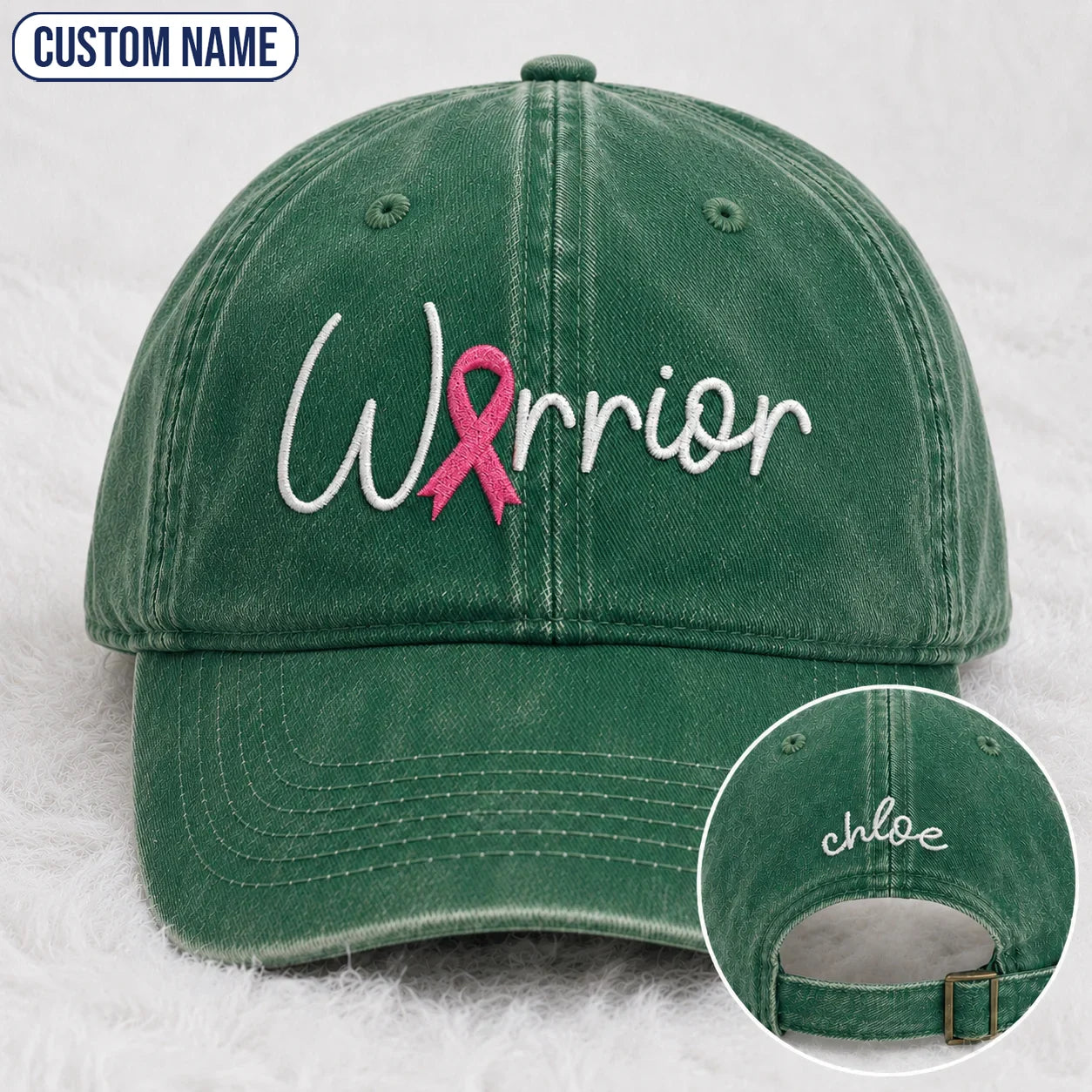 Personalized Warrior Pink Ribbon Embroidered Washed Cap, Awareness Gift