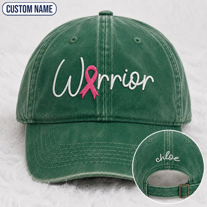 Personalized Warrior Pink Ribbon Embroidered Washed Cap, Awareness Gift