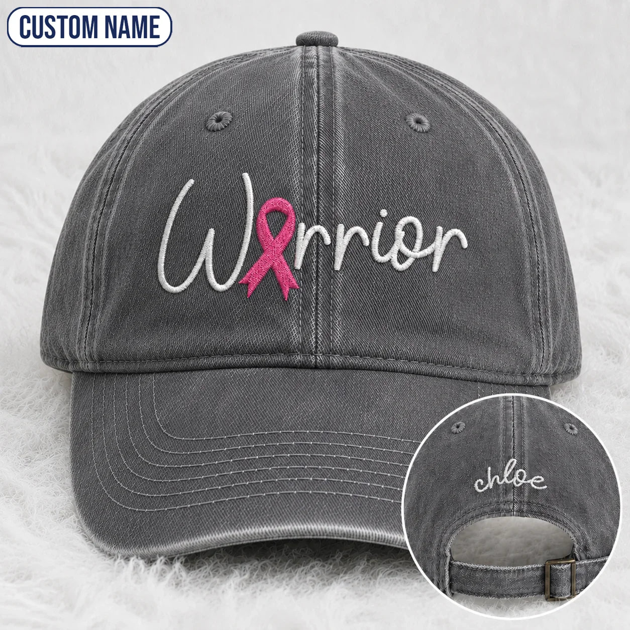 Personalized Warrior Pink Ribbon Embroidered Washed Cap, Awareness Gift