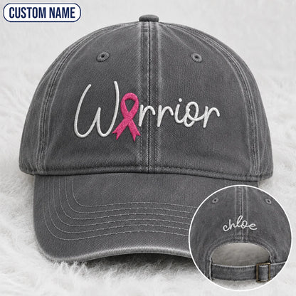 Personalized Warrior Pink Ribbon Embroidered Washed Cap, Awareness Gift