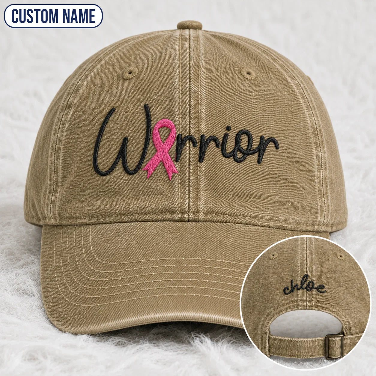 Personalized Warrior Pink Ribbon Embroidered Washed Cap, Awareness Gift