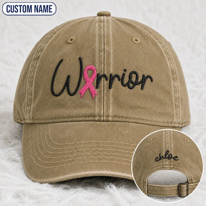Personalized Warrior Pink Ribbon Embroidered Washed Cap, Awareness Gift