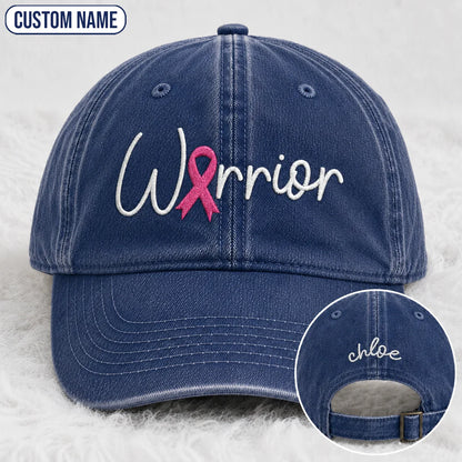 Personalized Warrior Pink Ribbon Embroidered Washed Cap, Awareness Gift