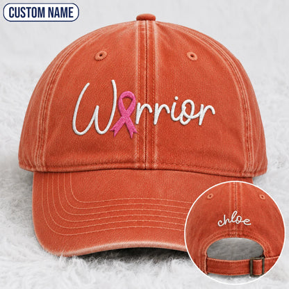 Personalized Warrior Pink Ribbon Embroidered Washed Cap, Awareness Gift