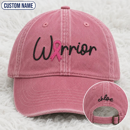 Personalized Warrior Pink Ribbon Embroidered Washed Cap, Awareness Gift