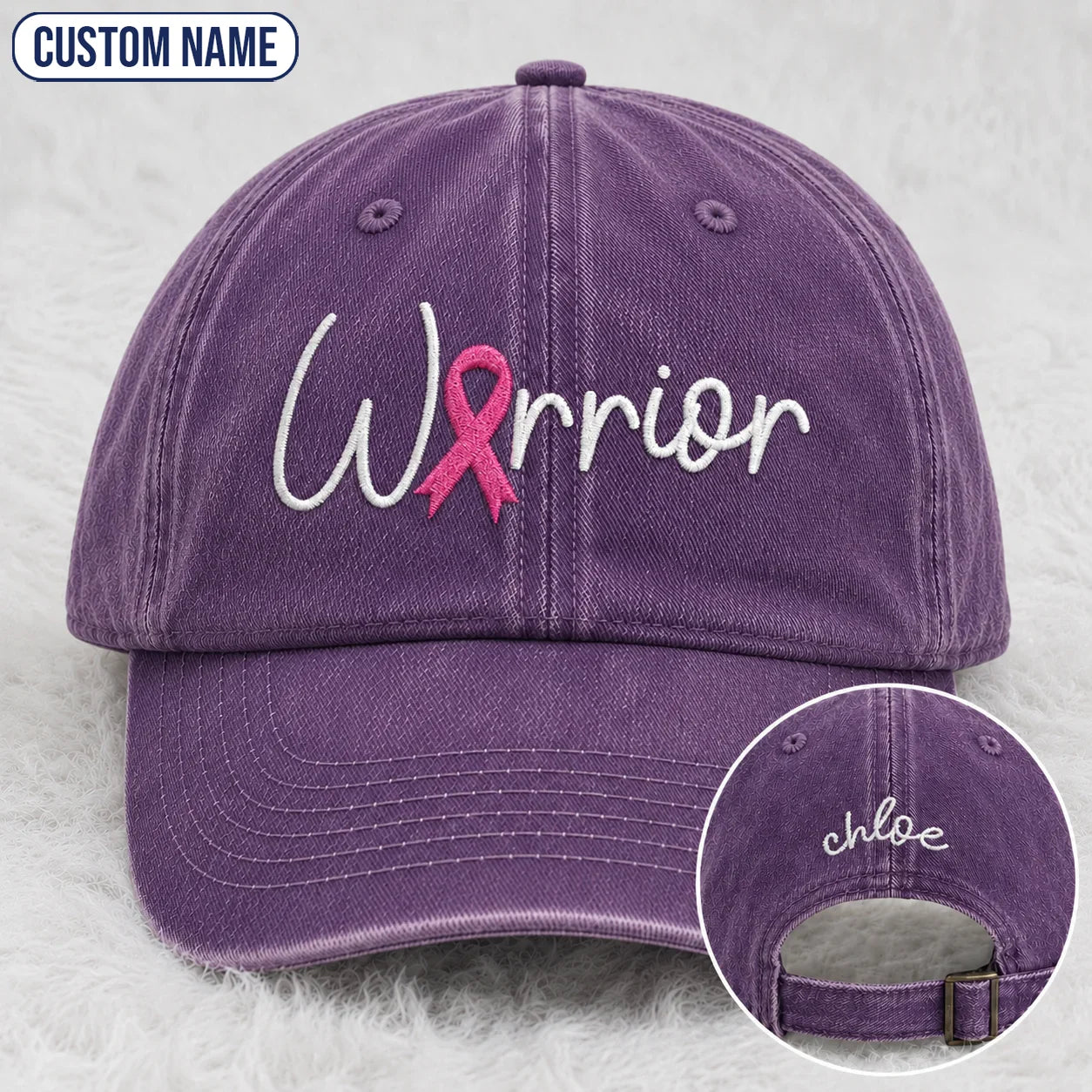 Personalized Warrior Pink Ribbon Embroidered Washed Cap, Awareness Gift