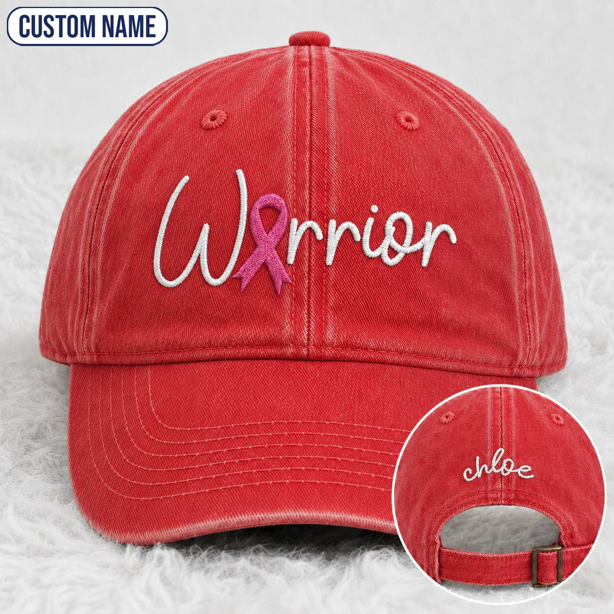 Personalized Warrior Pink Ribbon Embroidered Washed Cap, Awareness Gift