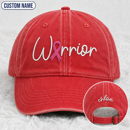 Personalized Warrior Pink Ribbon Embroidered Washed Cap, Awareness Gift
