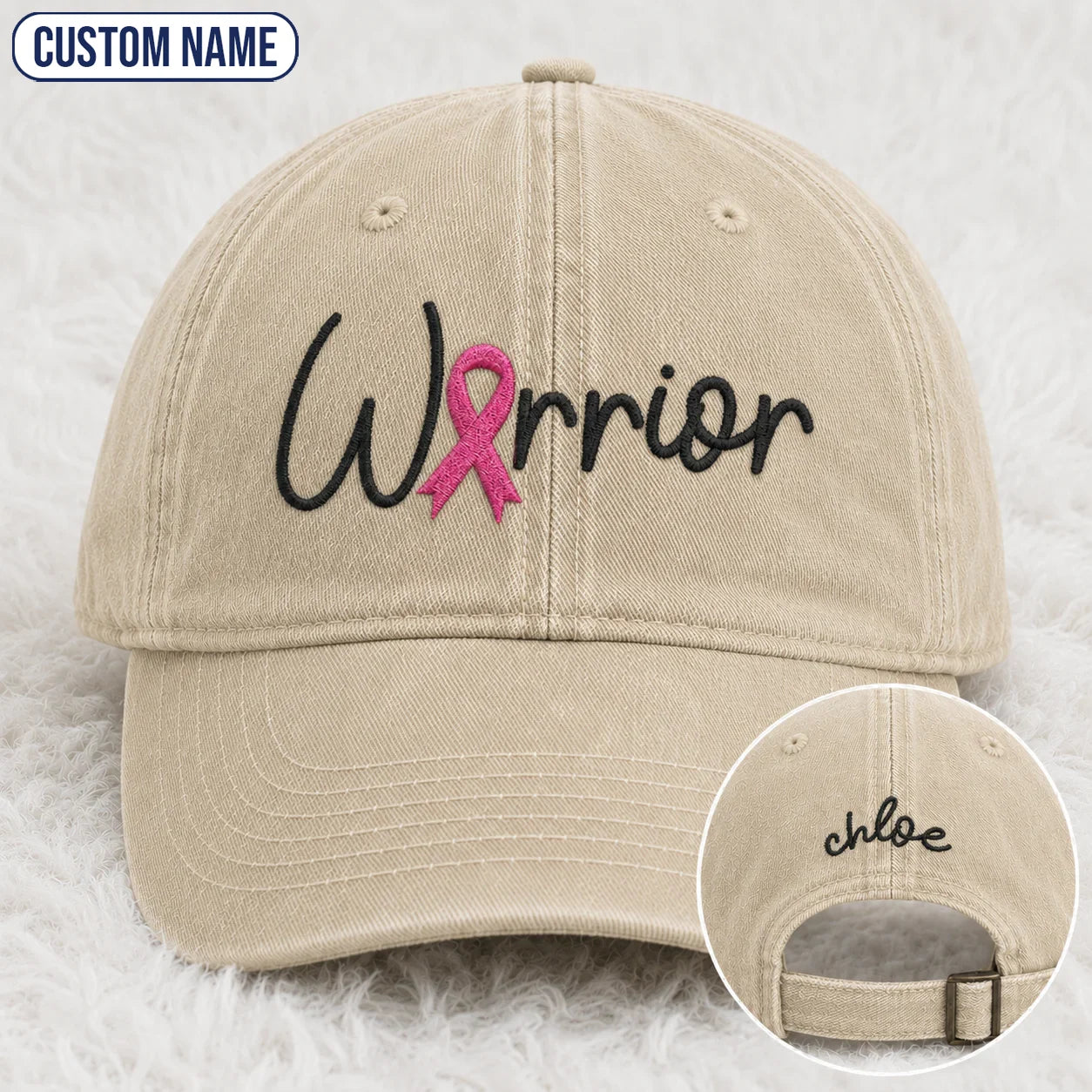 Personalized Warrior Pink Ribbon Embroidered Washed Cap, Awareness Gift
