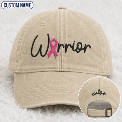 Personalized Warrior Pink Ribbon Embroidered Washed Cap, Awareness Gift