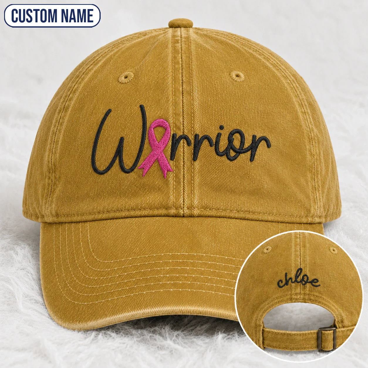 Personalized Warrior Pink Ribbon Embroidered Washed Cap, Awareness Gift