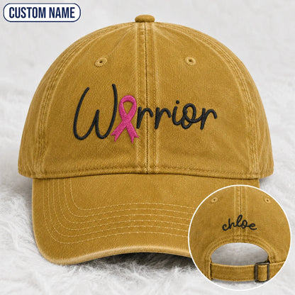 Personalized Warrior Pink Ribbon Embroidered Washed Cap, Awareness Gift