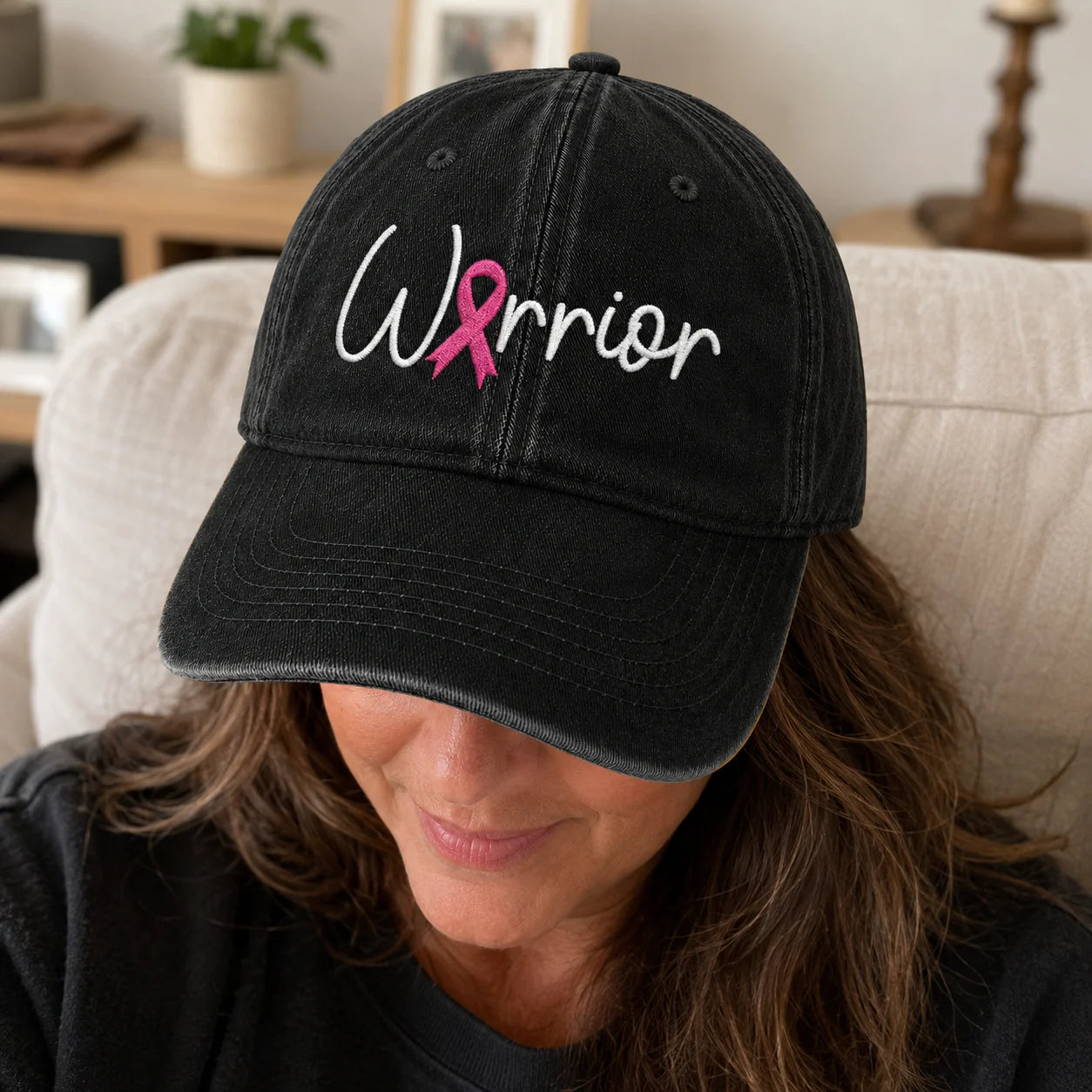 Personalized Warrior Pink Ribbon Embroidered Washed Cap, Awareness Gift